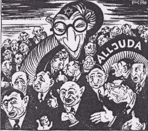Black and white propagandic caricatures of Jewish men, with a serpent emerging from the crowd of figures with the Star of David and labelled with an anti-semitic term.