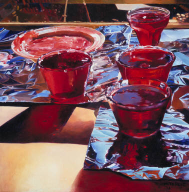 Sunlight plays against various surfaces in this painting. Four open glass jars and a white plate sit on slightly crumpled aluminium foil on a light brown table. The background is indistinct. The jelly in the jars and smeared on the plate is a vivid, clear red. The foil is a range of blues with white highlights. Red shadows lie on the foil and table where the sun shines through the glass and translucent jelly.