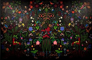Densely detailed painting with stylized plants, flowers, birds, insects, and animals in bright colours on a black background.