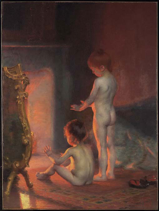 Two young children sit and stand in three-quarter profile, naked, on a red rug in front of a lit fireplace, hands outstretched toward the warmth. Room details dimly-lit, but there is a sofa to the right of the mantel and an elaborate fire screen to the left. The colour scheme is warm, predominantly creams, reds, and dark blue and purple with some gold.