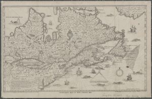 A black and white hand-drawn map of the eastern half of Canada, from James Bay to Greenland, and south to modern-day Maine, with a detailed shoreline and stylized inland. Marine life and ships are depicted in the water.
