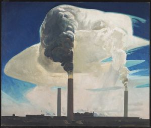 A skyscape of bright blue is interrupted by three smokestacks rising from low buildings, with billowing clouds emerging from each, turning creamy white as they blend with the sky. The buildings are muted purple and brown, like the land on which they sit. The closest smokestack is reddish brown and rises halfway up the work, shooting purple smoke up in plumes. The other two, more distant, stacks are a muted gray blue with less intense plumes of smoke.