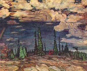 Under a vast dark blue sky filled with fluffy, sunlit clouds, coniferous trees stretch across a gentle hill. An orange-leafed deciduous tree is at the left side of the painting, under a faint rainbow which disappears into the clouds. A small, red-leafed shrub is at the middle of the scene. The hill is formed from large, low, rounded slabs of rock.