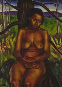 A painting of a young, naked Black woman sitting against a tree trunk and facing the viewer. The background is lush and green, cut by dark tree branches above. In the distance, dark purple mountains reach into the sky. The woman holds her hands in front of her groin, legs together. Her gaze is distant, and she looks off to her left.