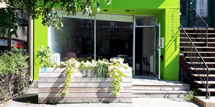 A storefront with a wooden, vine-filled planter in front of the window wall. To the right, low wooden steps lead to the door. The building is painted bright lime green.