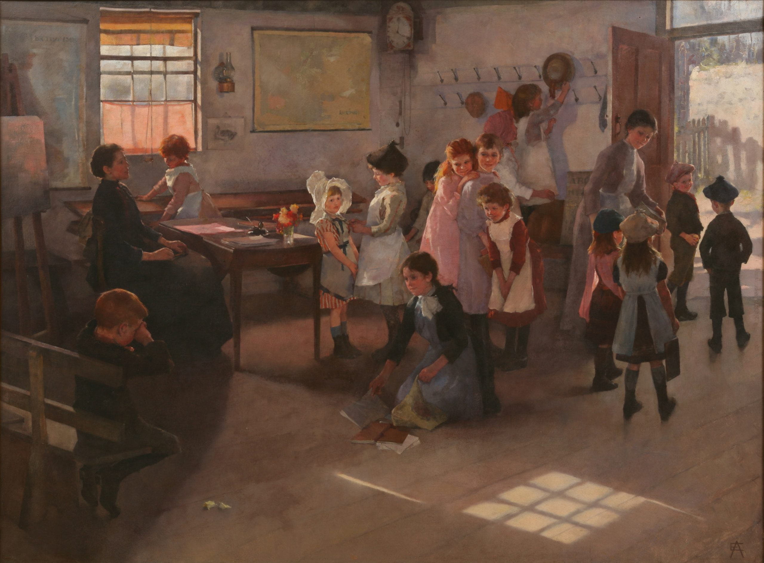 Oil on canvas painting of the interior of a rural schoolhouse in late nineteenth-century England. Children of various ages prepare to leave the classroom. A clock at the back of the room displays a time of just after 4:00 p.m. A woman standing by the door guides children outside, while a seated woman observes the class from behind a desk. Light enters through a single window and creates a grid-like patch of sunlight on the wooden floor.