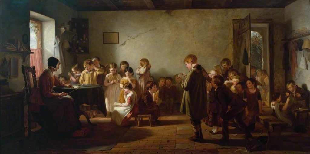 Oil painting of the interior of a rural schoolhouse in nineteenth-century England. The children in the classroom are distracted, except for a red-headed pupil near the centre of the composition who focuses his attention on a book. A window illuminates the scene, creating strong tonal contrasts. Silhouetted against the window, an elderly teacher directs her attention towards the children. On the right side of the painting, an open door reveals a small group of children outside.