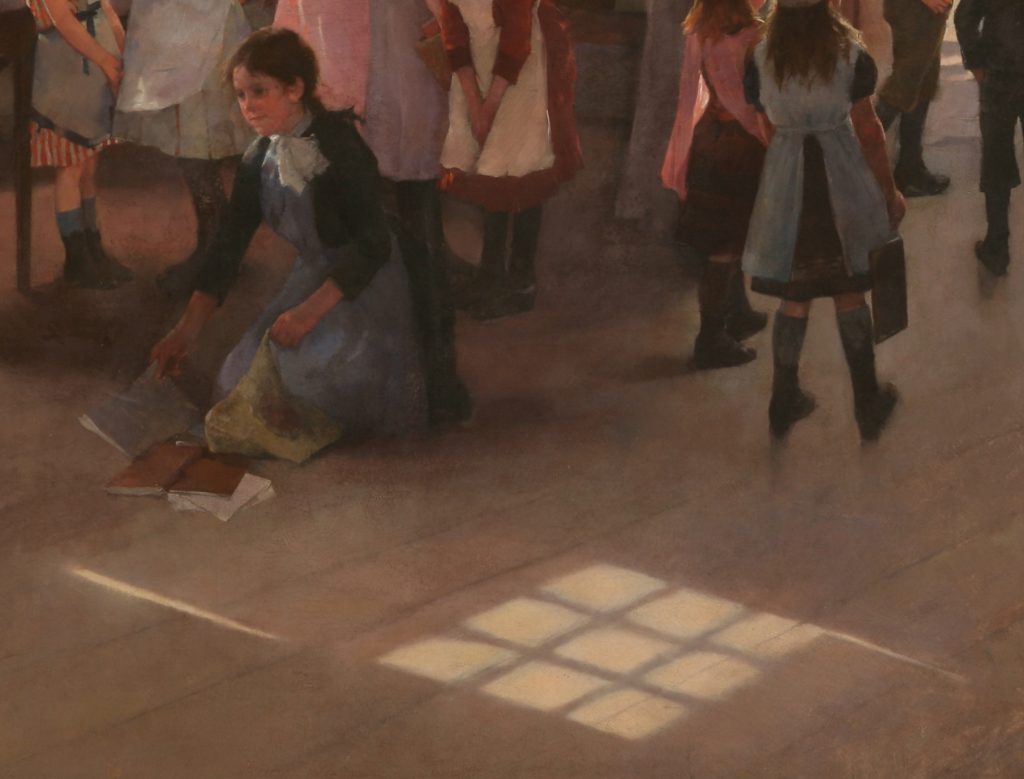 Detail of an oil on canvas painting of the interior of a rural schoolhouse in late nineteenth-century England. Children of various ages prepare to leave the classroom. A clock at the back of the room displays a time of just after 4:00 p.m. A woman standing by the door guides children outside, while a seated woman observes the class from behind a desk. Light enters through a single window and creates a grid-like patch of sunlight on the wooden floor. The detail focuses on the patch of sunlight.