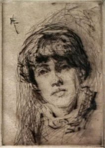 A sketch-like drypoint portrait in black ink on paper of the head of a woman. The artist has used quick, expressive lines in the manner of James McNeill Whistler to delineate her features in this self-portrait.