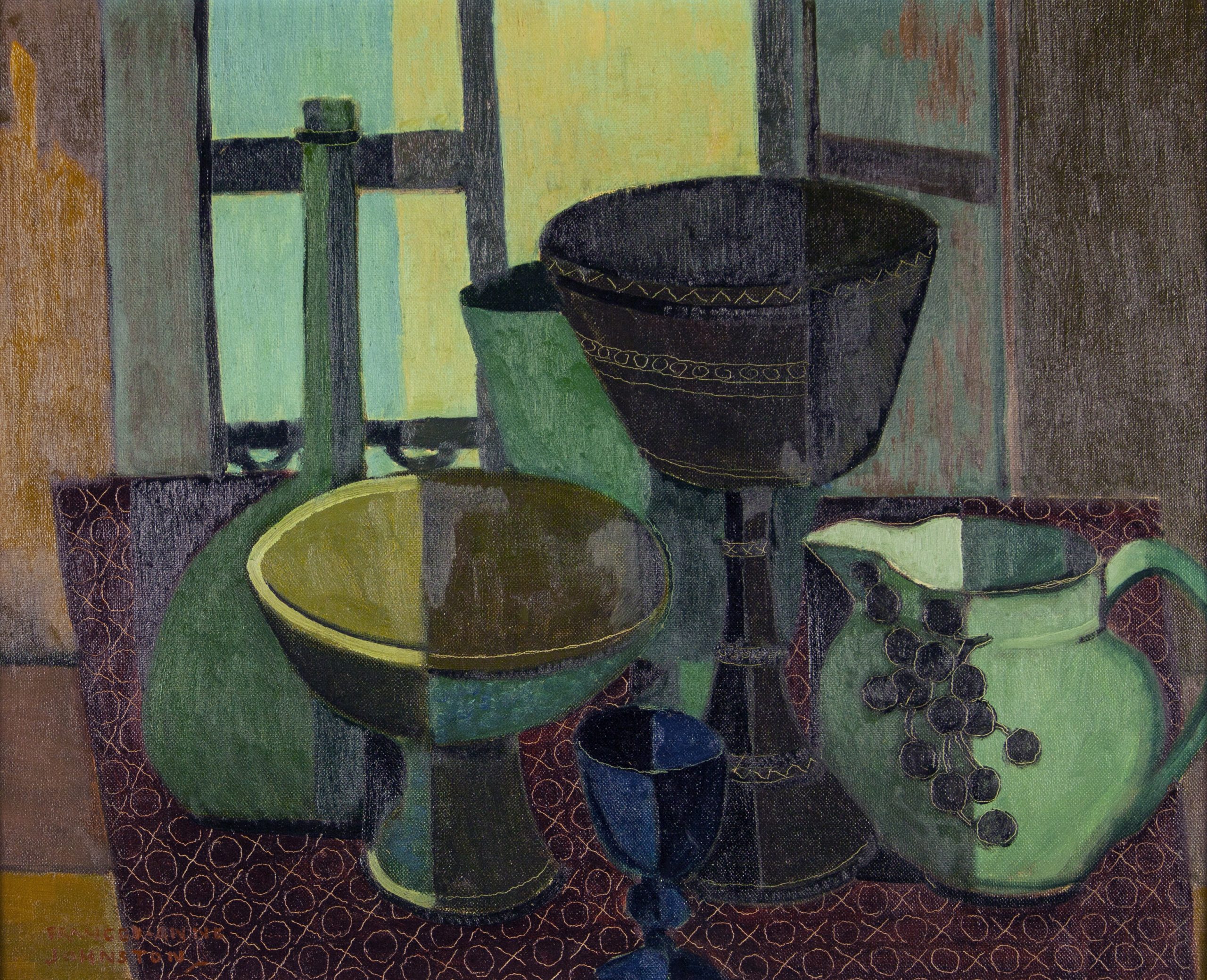 Painting of an assortment of six vessels in various shades of black and green. They sit on a burgundy table angled towards the viewer. In the background, the right side of a French door is open. Overall, the picture plane is flattened by striations that divide areas of colour.
