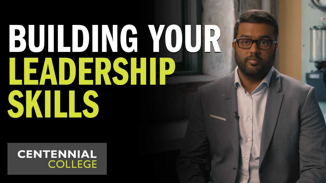 Student with caption "Building your leadership skills" and College logo