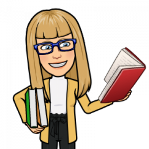illustration of Lorie Stolarchuk, a blond woman with glasses holding 2 books under arm and reading another in her other hand
