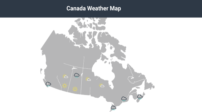 A grey and white map of Canada dotted with small suns and clouds to show the weather across the country.