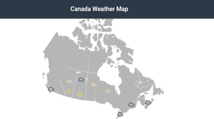 A grey and white map of Canada dotted with small suns and clouds to show the weather across the country. 