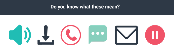 Six icons fof: a speaker, download, call, message, email, and pause.