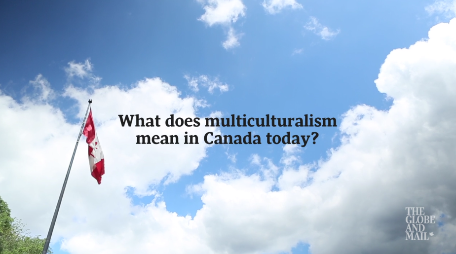 Blue sky, a Canadian flag and the question, what does multiculturalism mean in Canada today?