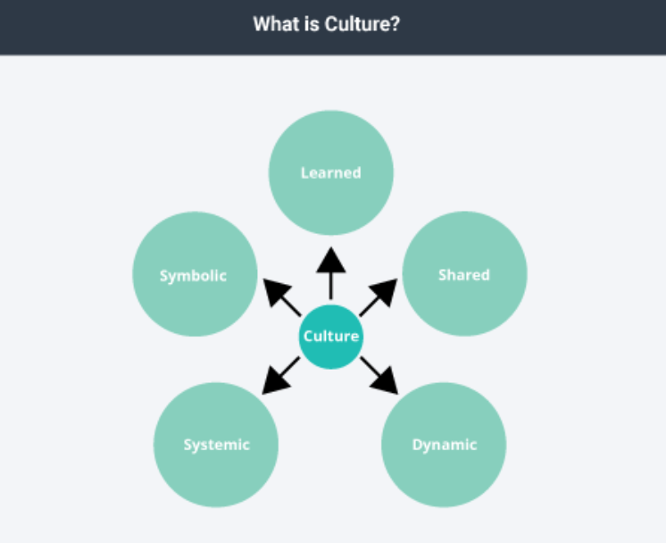 Culture in the centre pointing to 5 circles each with a different word in thee centre - Learned, Shared, Dynamic, Systemic, and Symbolic.