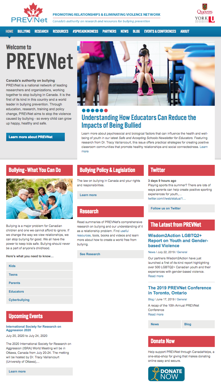 A screenshot of the landing page for PREVNet. The landing page includes links to resources including "Bullying--What You Can Do," "Bullying Policy and Legislation," "Twitter," "Research," "Upcoming Events," "The Latest from PREVNet," and "Donate Now." The link for the landing page is https://www.prevnet.ca/