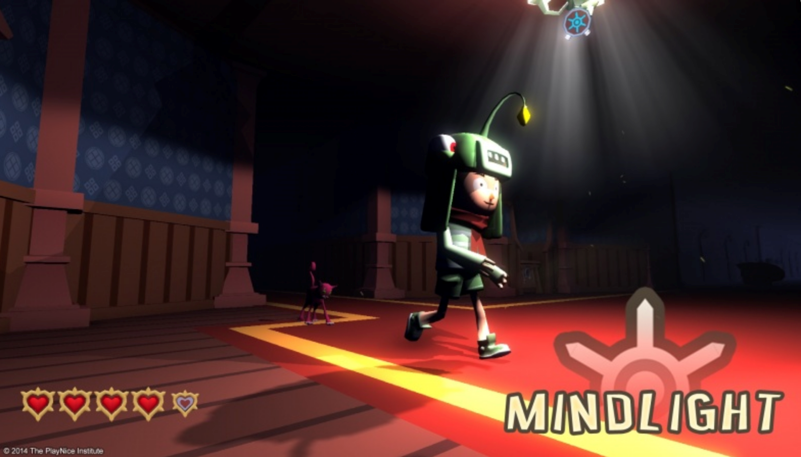 An image from the videogame "Mindlight." In this image, a cartoon child is walking with a helmet on that has a light. The light is illuminating the walking path of the child.