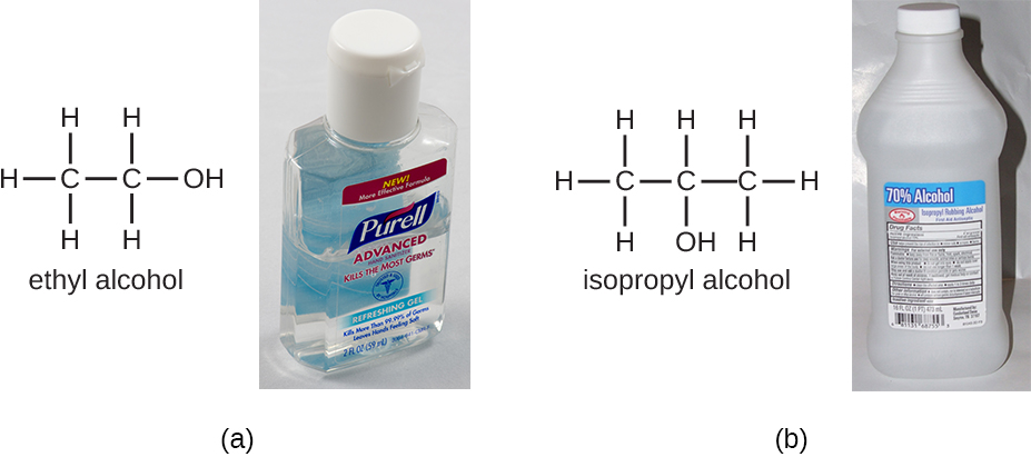 a) Ethyl alcohol has 2 C’s and an OH. B) Isopropyl alcohol has 3 C’s and an OH.
