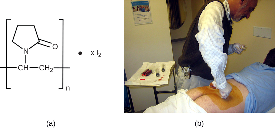 a) Chemical structure of betadine. B) picture of a medical professional putting orange paste on a patient.