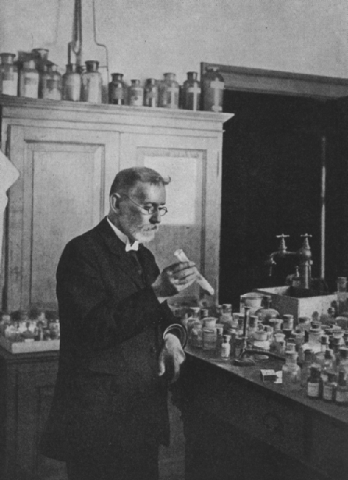 Drawing of Paul Ehrlich in the lab.
