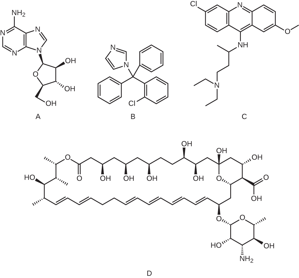 a) Two carbon nitrogen rings with a sugar attached. B) 4 carbon rings attached to a central carbon. C) Three carbon rings attached along their ends with a long carbon chain off the central ring. D) A long carbon chain.