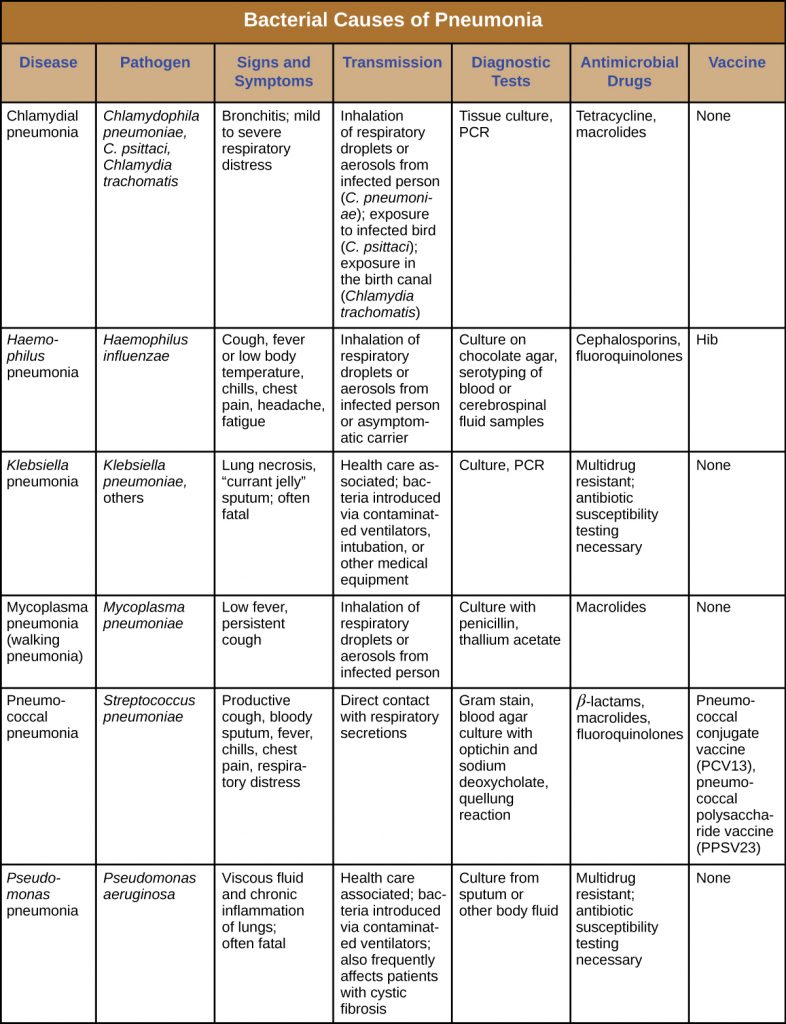 Table summarizing bacterial causes of pneumonia.