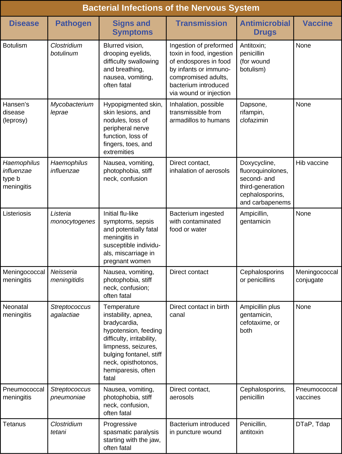 Table summarizing bacterial infections of the nervous system