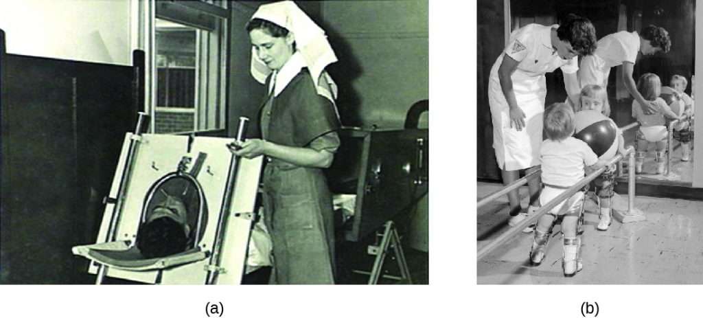 a) Photo of person in a large machine with only their head exposed; a nurse stands next to them. B) photo of children held between two bars holding a ball.