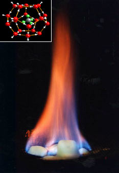 Photograph of burning methane hydrates and a ball and stick model of the structure of a methane molecule, hydrogen-bonded within a lattice of frozen water
