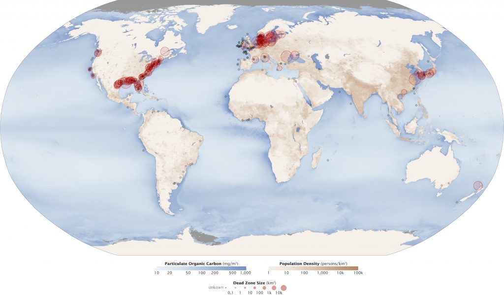 World map showing the global distribution of zones of hypoxia in coastal waters of North America, Europe and Asia