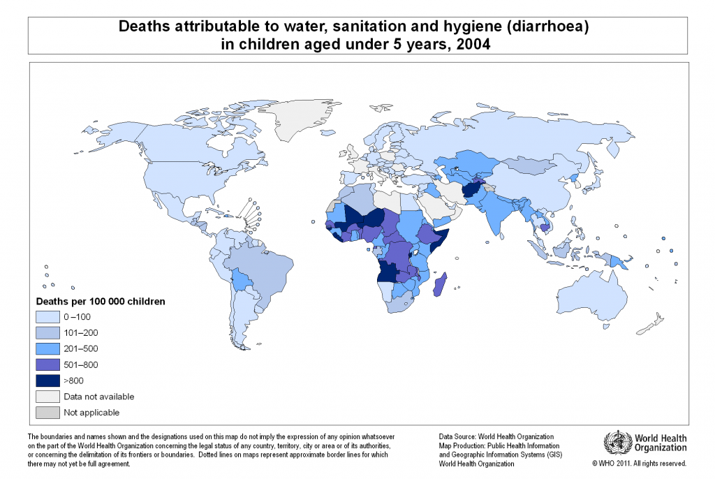 World map showing the levels of from diarrhoea caused by contaminated water in children less than 5 years old in 2004.