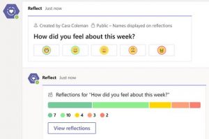 Example of a reflect question: How did you feel about this week? Answers are visually displayed below with five scores.