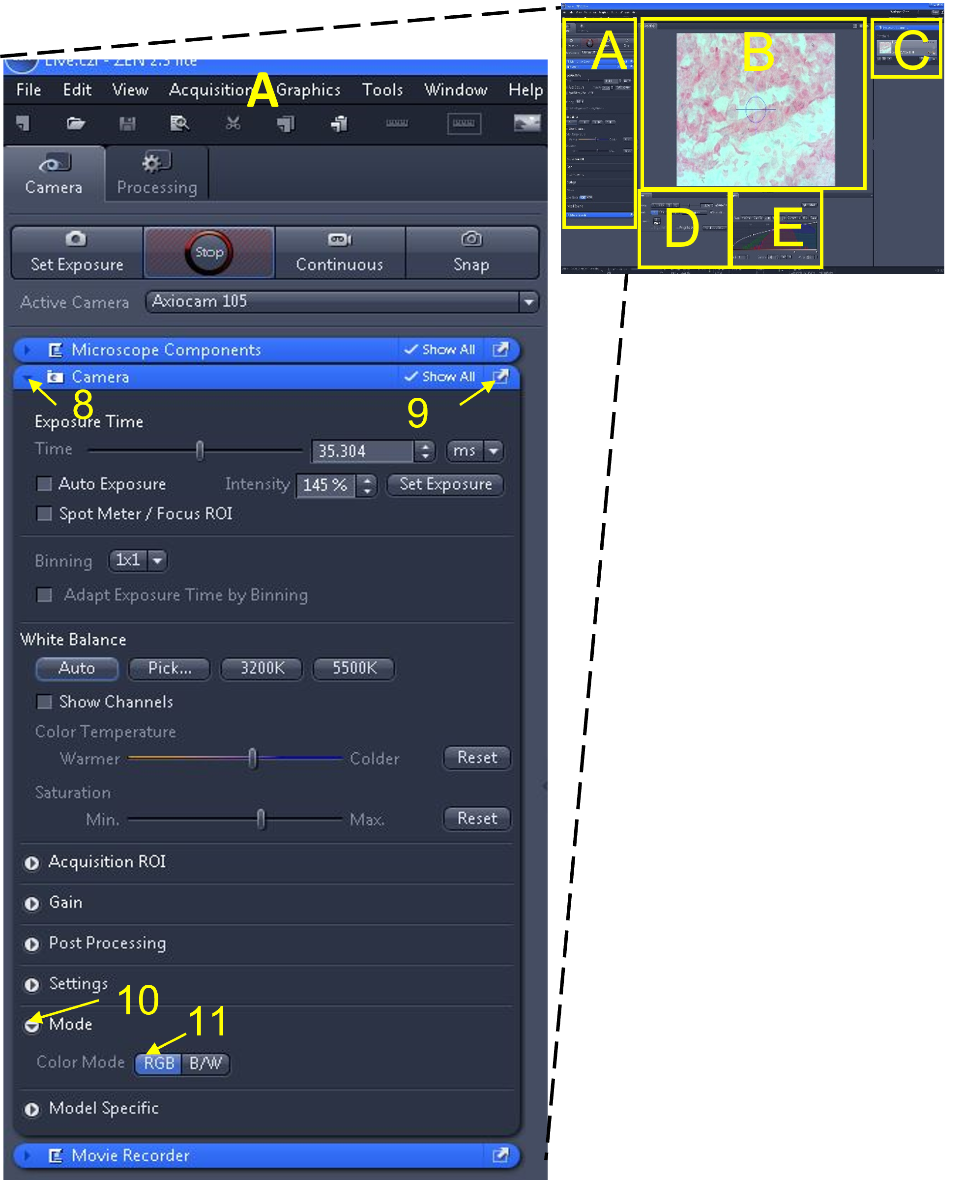 An image of the main tool area in the Zen software, showing the buttons to use to adjust the camera mode between colour and black and white.