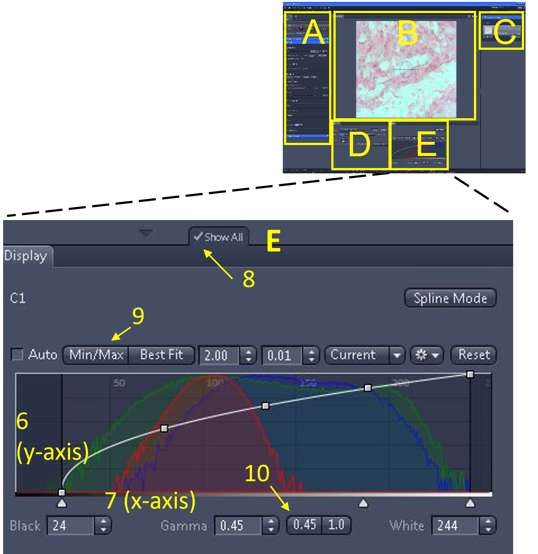 An image of the display settings area and the histograms indicating pixel tone distribution.