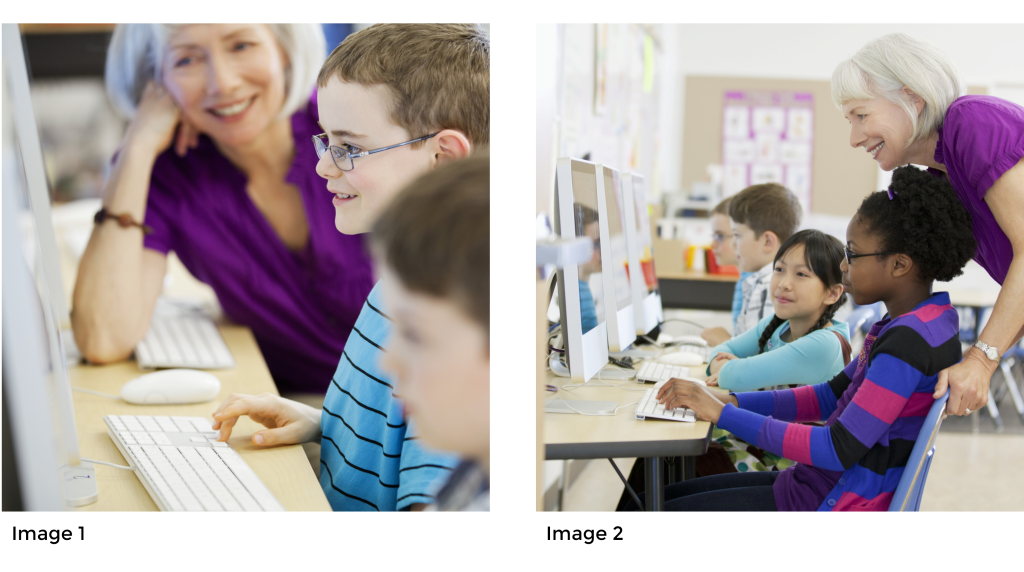 Two images of a teacher assisting elementary grade students with technology. Description in caption.