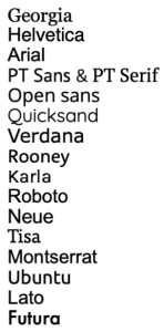 The top readable online fonts are: Georgia, Helvetica, Arial, PT Sans & PT Serif, Open sans, Quicksand, Verdana, Rooney, Karla, Roboto, Neue, Tisa, Montserrat, Ubuntu, Lato, Futura.
