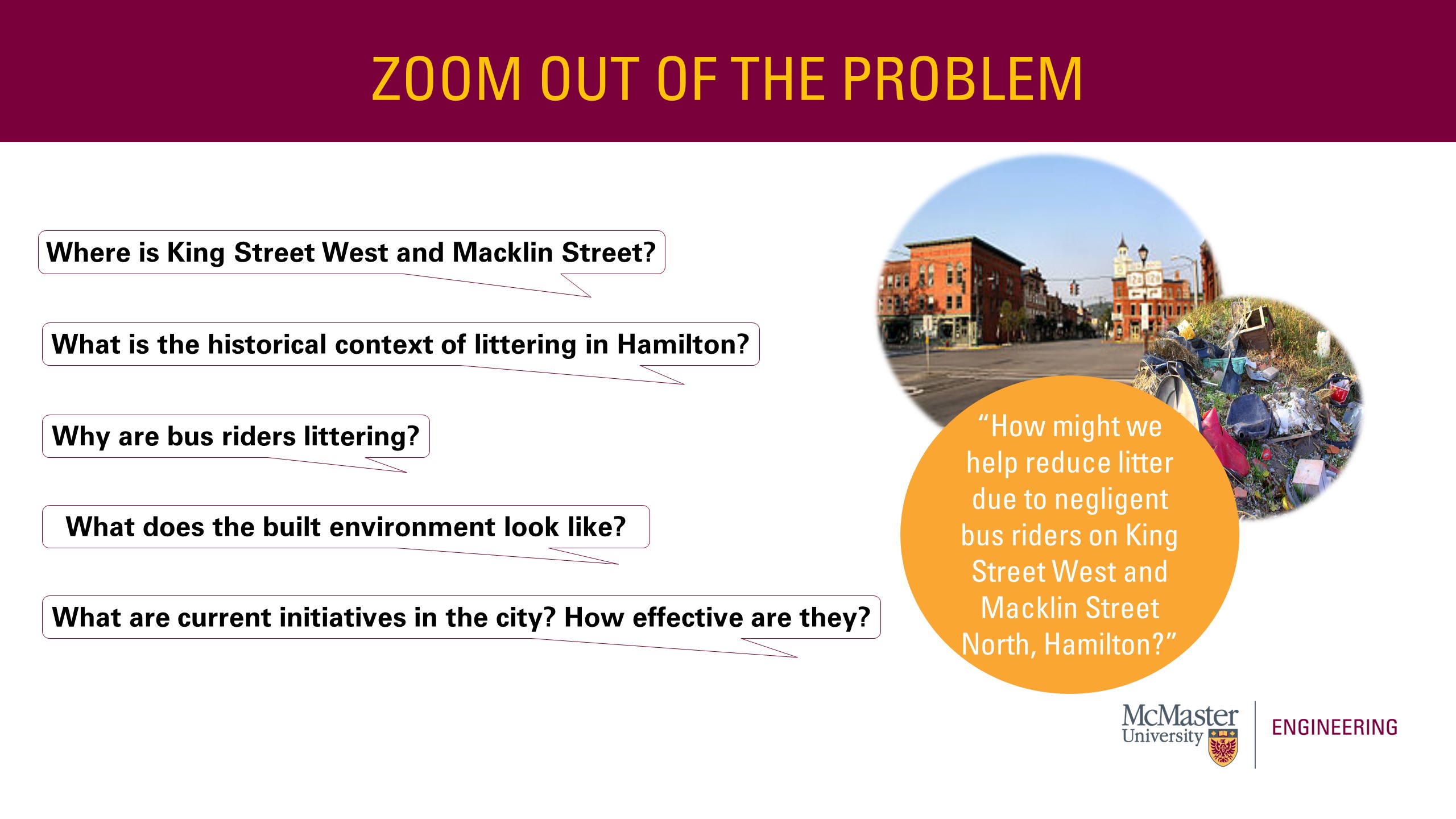 Image of a presentation slide. The title of the slide is "Zoom out of the Problem." The body of the slide has the question, "How might we help reduce litter due to negligent bus riders on King Street West and Macklin Street North, Hamilton?” On the left side of the slide, questions about the initiation question are written out. Questions include "Where is King Street West and Macklin Street?; What is the historical context of littering in Hamilton?; Why are bus riders littering?; What does the built environment look like?; What are current initiatives in the city? How effective are they?"