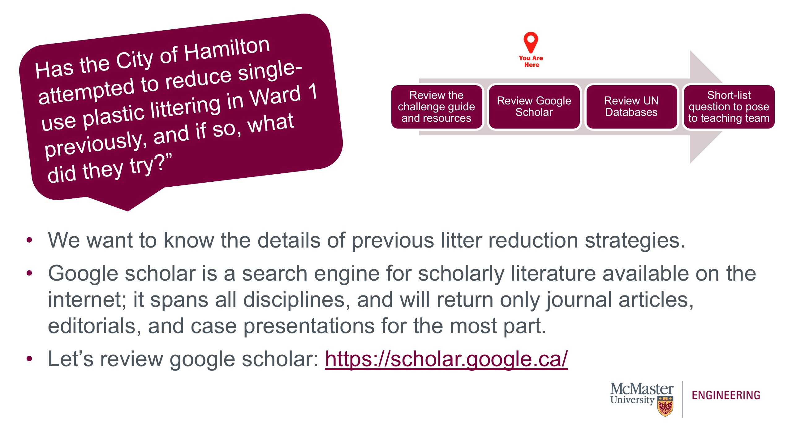 This is a picture of a presentation slide. The image of an arrow pointing right with four boxes outlining the process is visible. There is another marker over the box that says "Review Google Scholar." This marker indicates we are at this stage in the process. The question, "Has the City of Hamilton attempted to reduce single-use plastic littering in Ward 1 previously, and if so, what did they try?" is also visible. The body of the slide reads: We want to know the details of previous litter reduction strategies. Google scholar is a search engine for scholarly literature available on the internet; it spans all disciplines, and will return only journal articles, editorials, and case presentations for the most part. Let’s review google scholar: https://scholar.google.ca/"