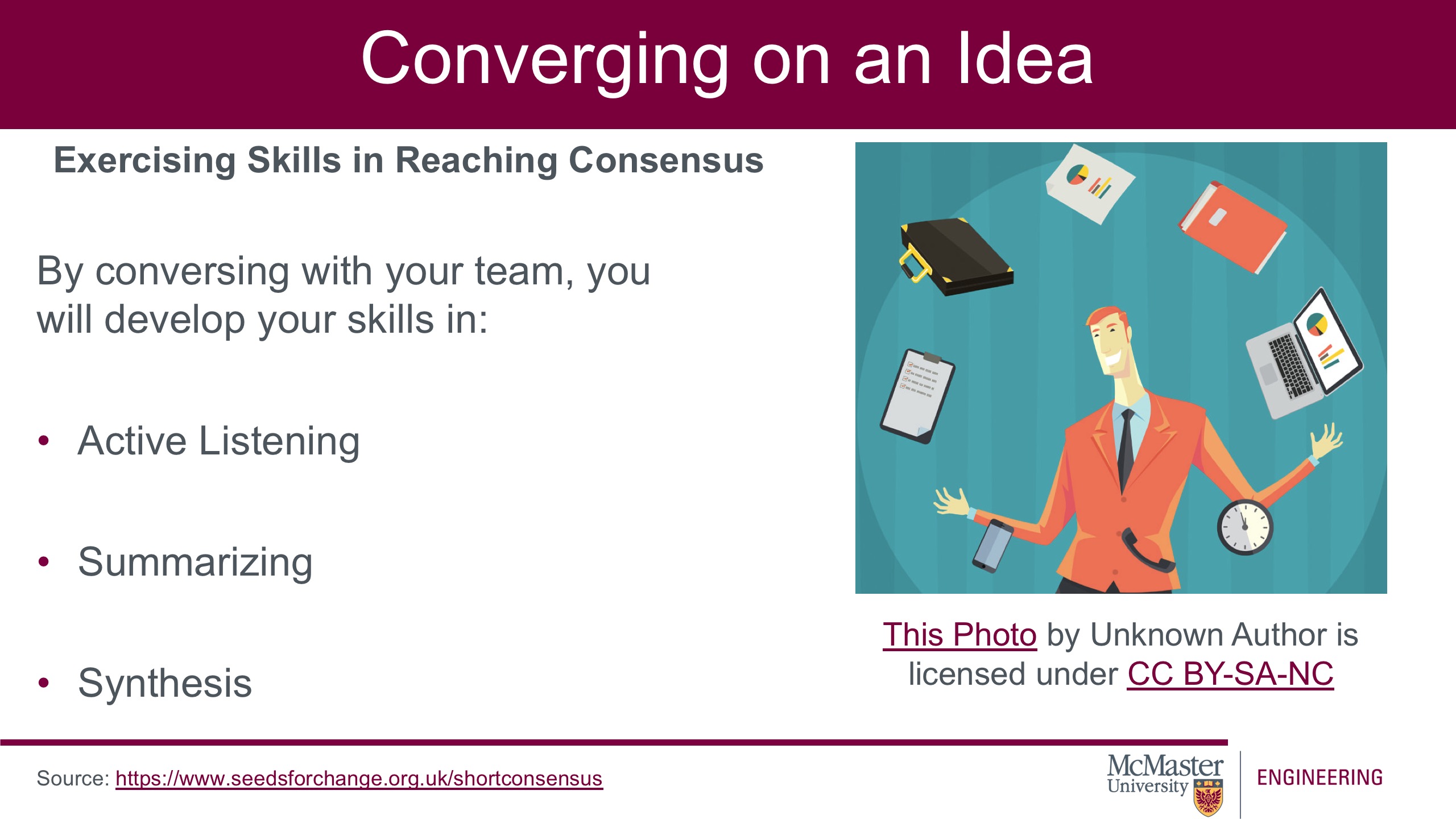 Image of a presentation slide. Title: Converging on an Idea. Sub-title: Exercising Skills in Reaching Consensus. Body of slide, as a list: By conversing with your team, you will develop your skills in: Active, Listening, Summarizing, Synthesis. On the right is a picture of a man in a suit juggling a computer, a clock, books, files, and a phone.