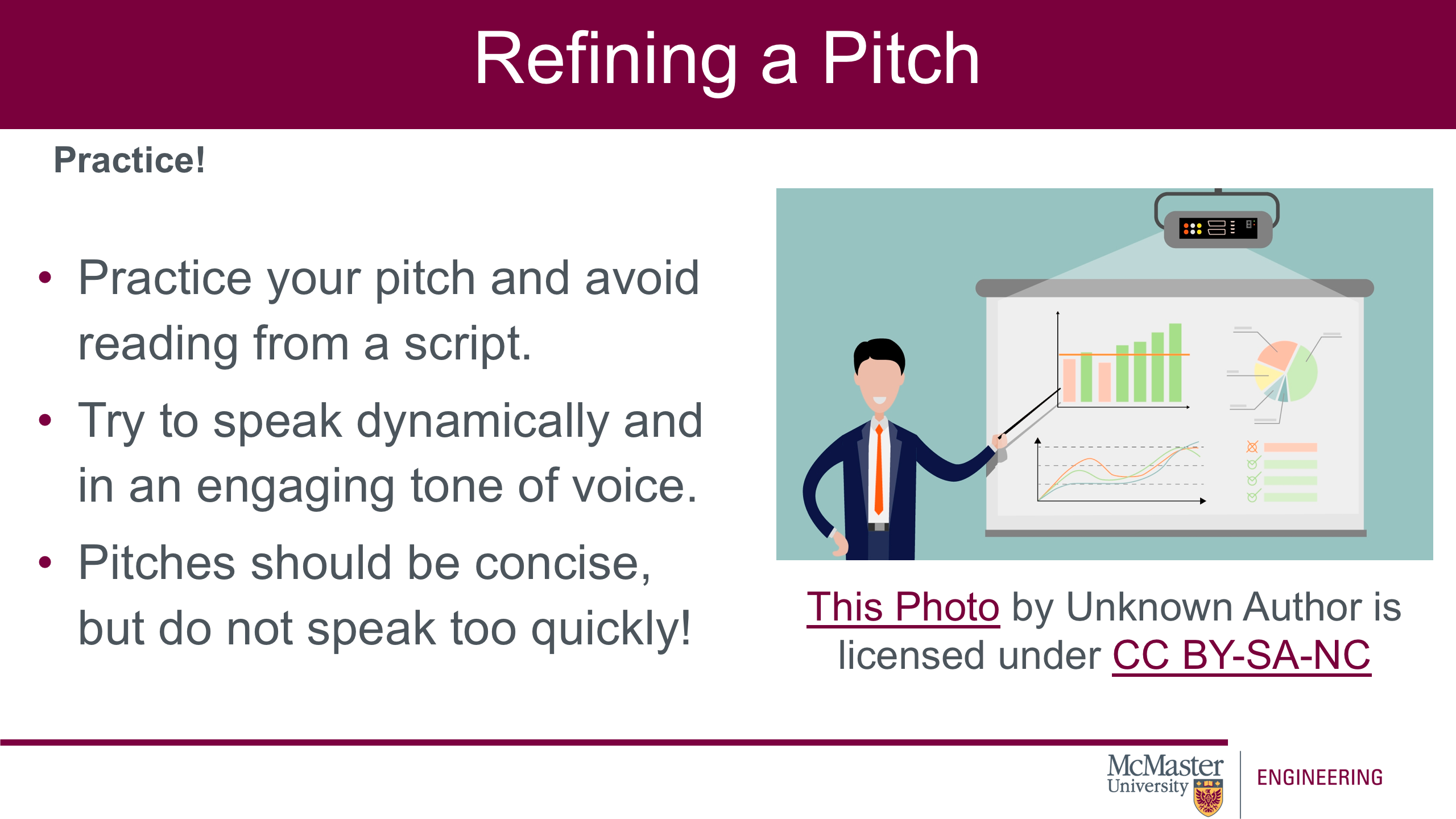 Image of a presentation slide. Title: Refining a Pitch. Sub-title: Practice! Body of the slide: Practice your pitch and avoid reading from a script. Try to speak dynamically and in an engaging tone of voice. Pitches should be concise, but do not speak too quickly! On the right of the slide is a cartoon image of a man wearing a suit pointing to a poster with various graphs. 