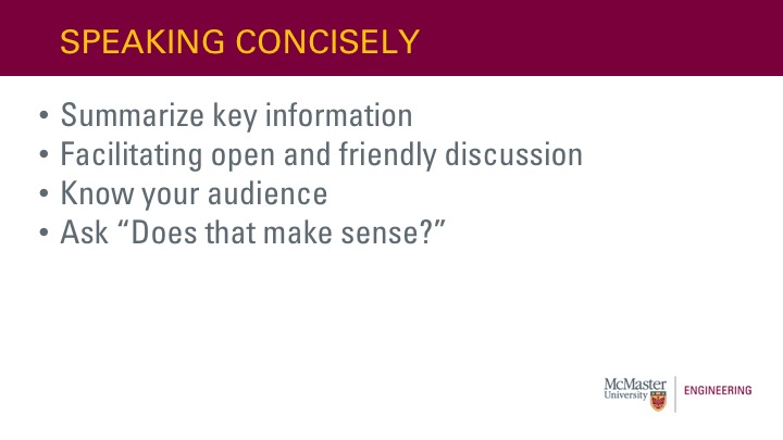 This slide is titled “Speaking Concisely”. It also has a bullet point list that says “  • Summarize key information • Facilitating open and friendly discussion  • Know your audience • Ask “Does that make sense?””