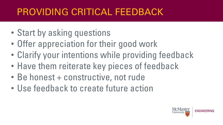 This slide is titled “Providing Critical Feedback”. It also has a bullet point list that says “  •	Start by asking questions •	Offer appreciation for their good work •	Clarify your intentions while providing feedback •	Have them reiterate key pieces of feedback •	Be honest + constructive, not rude •	Use feedback to create future action”