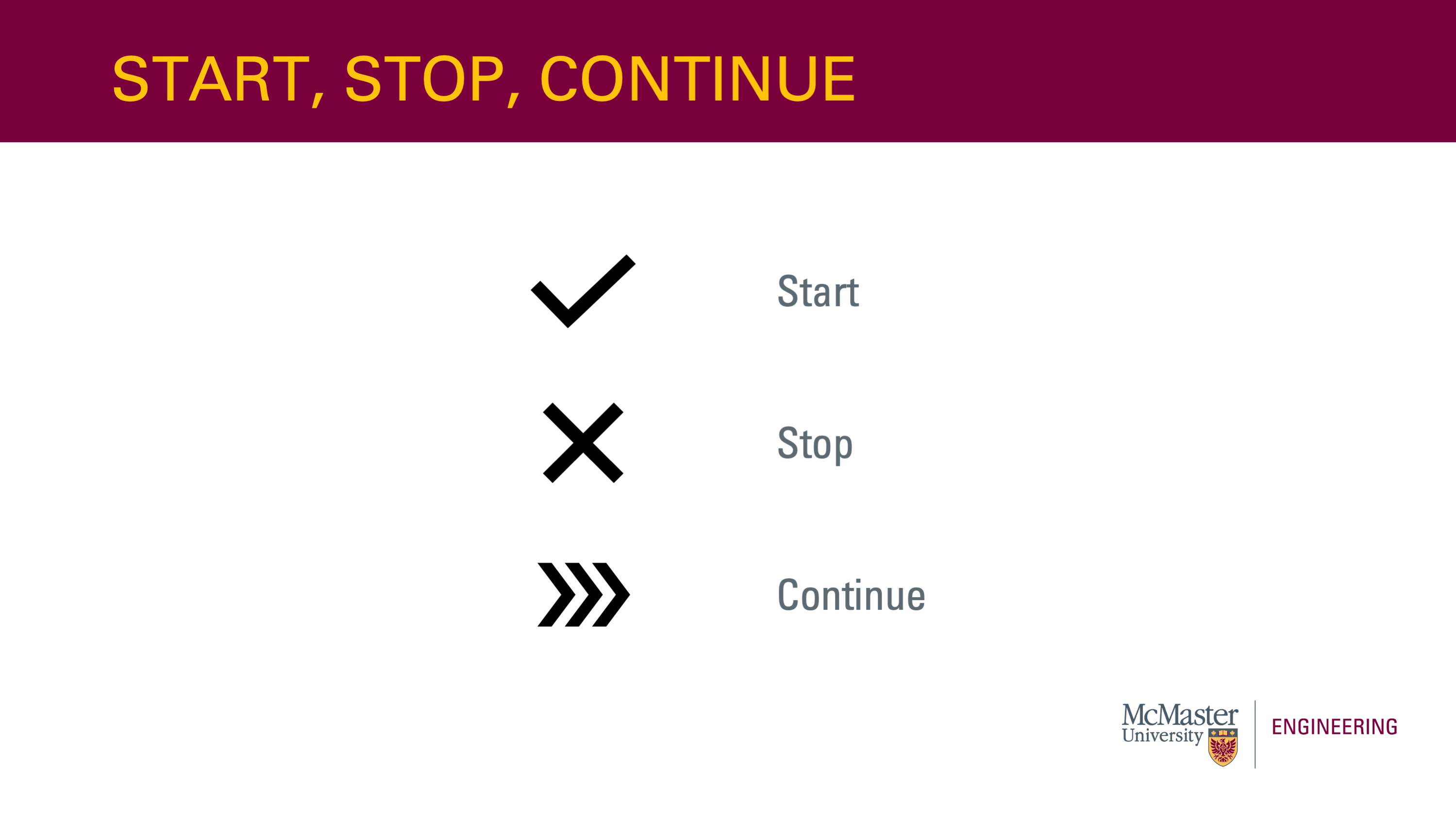 This slide is titled “Start, Stop, Continue”. It has a check mark with “start” written next to it. Below that it has an “X” with “stop” written next to it. Below that it has 3 arrows with “continue” written next to them. 