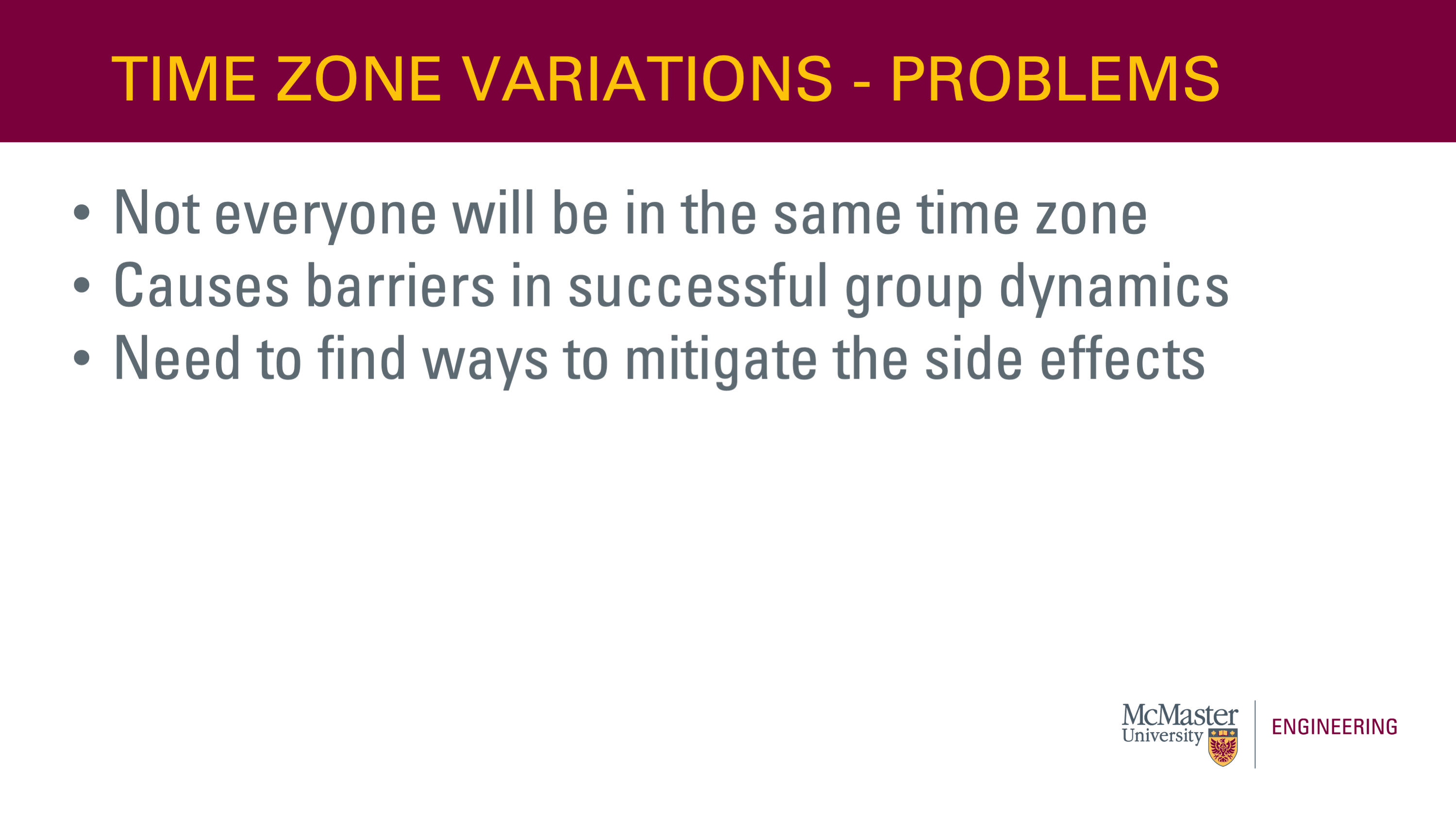 Image of a presentation slide. The title reads: Time Zone Variations - Problems. The body of the slide reads as a list: "Not everyone will be in the same time zone; Causes barriers in successful group dynamics; Need to find ways to mitigate the side effects." 