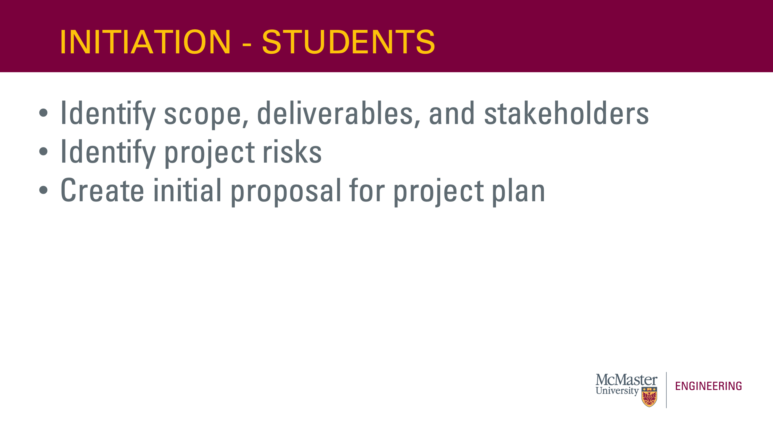 Image of a presentation slide. Title: Initiation- Students. Body of slide as a list: Identify scope, deliverables, and stakeholders; Identify project risks; Create initial proposal for project plan. 