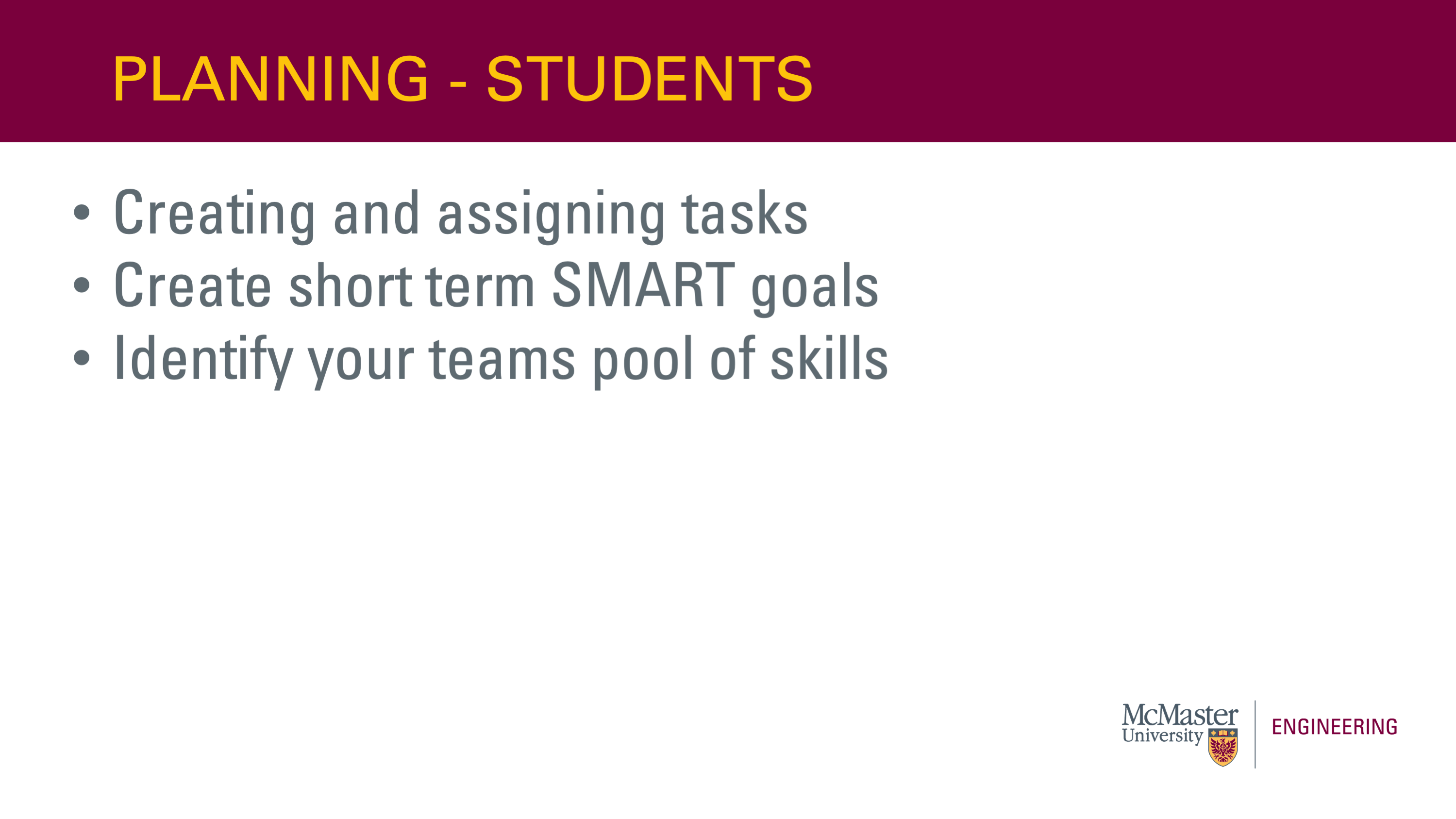 Image of a presentation slide. Title: Planning - Students. Body of slide as a list: Creating and assigning tasks, Create short term SMART goals, Identify your teams pool of skills. 