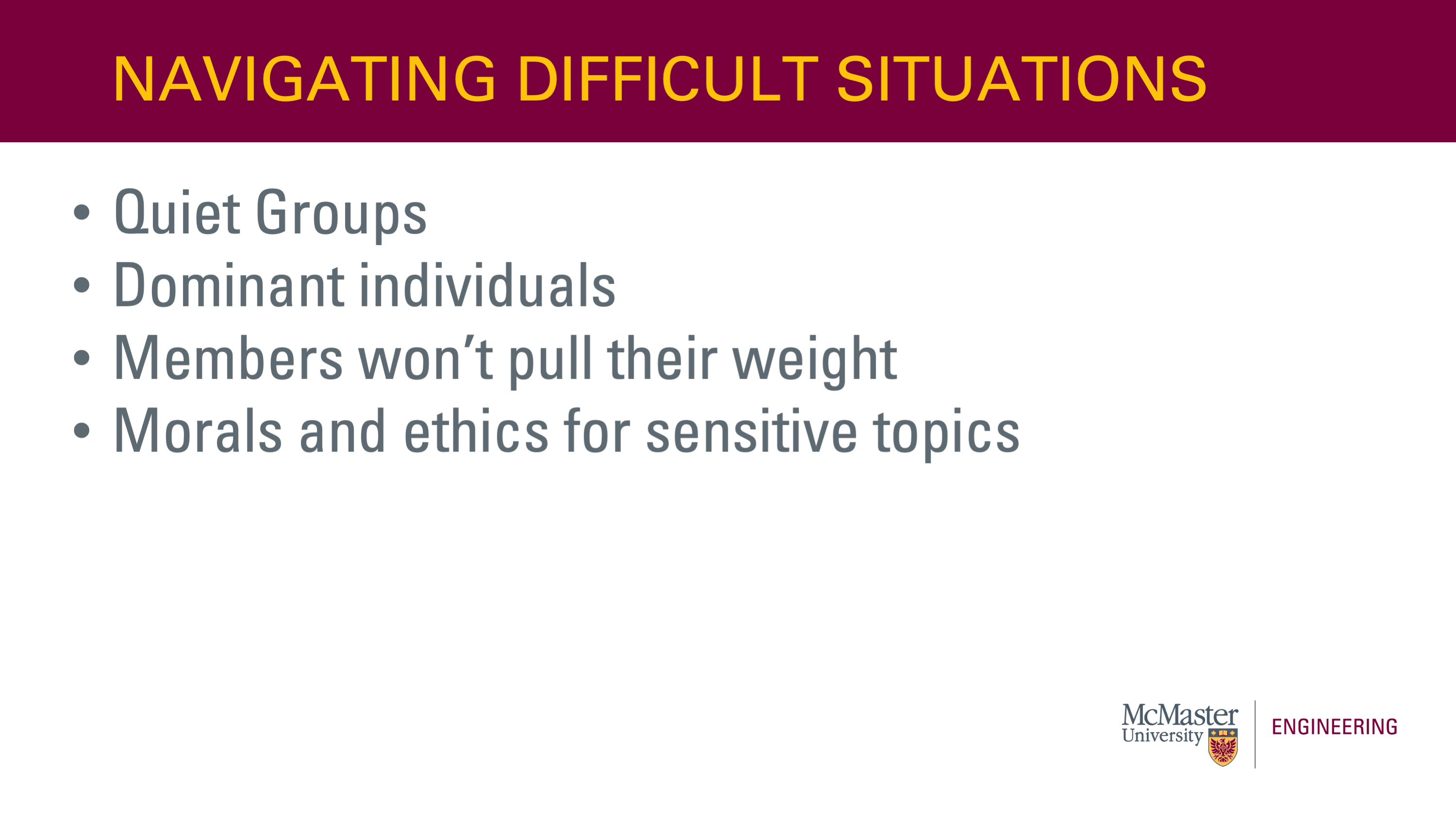 Image of a presentation slide. Title: Navigating Difficult Situations. Body of slide reads as a list: Quiet Groups; Dominant Individuals; Members won't pull their weight; Morals and ethics for sensitive topics. 