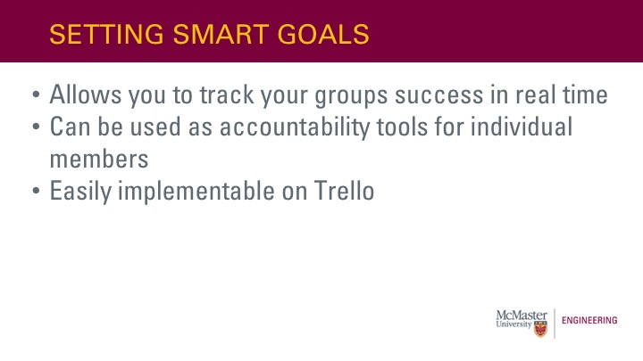 Setting SMART Goals: Allows you to track your groups success in real time Can be used as accountability tools for individual members Easily implementable on Goal-Tracking Software (ex: Trello)